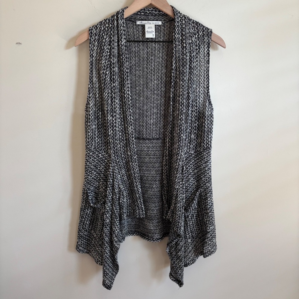 American Rag Cie Black White Marled Knit Open Front Vest Draped Sharkbite Small